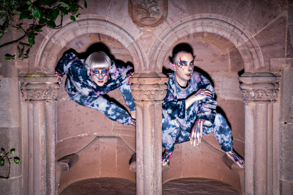 Portrait of Hanna Tuulikki and Tommy Perman dressed as bat / human hybrid creatures. Taken by Lawrence Winram at Hospitalfield, Arbroath